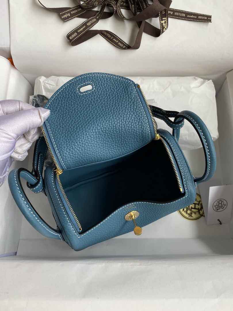 Hermes Lindy Mini Bag Blue Togo Leather Gold Hardware H8614