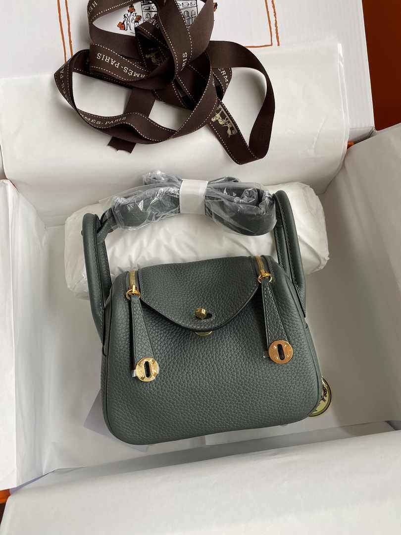 Hermes Lindy Mini Bag Dark Green Togo Leather Gold Hardware H8616