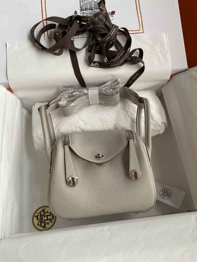 Hermes Lindy Mini Bag Light Gray Togo Leather Silver Hardware H8625