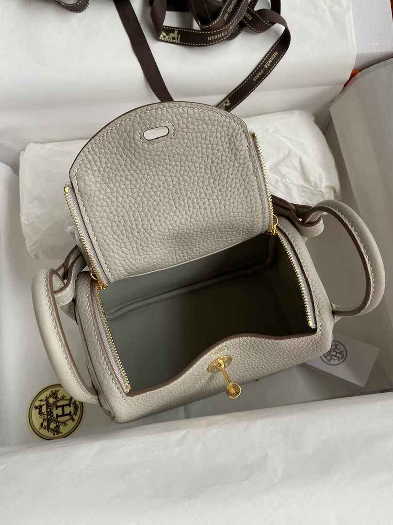 Hermes Lindy Mini Bag Light Gray Togo Leather Gold Hardware H8624