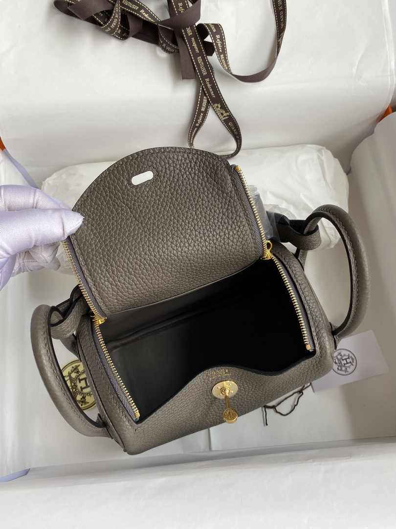 Hermes Lindy Mini Bag Dark Gray Togo Leather Gold Hardware H8626