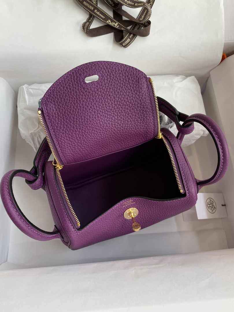 Hermes Lindy Mini Bag Purple Togo Leather Gold Hardware H8628