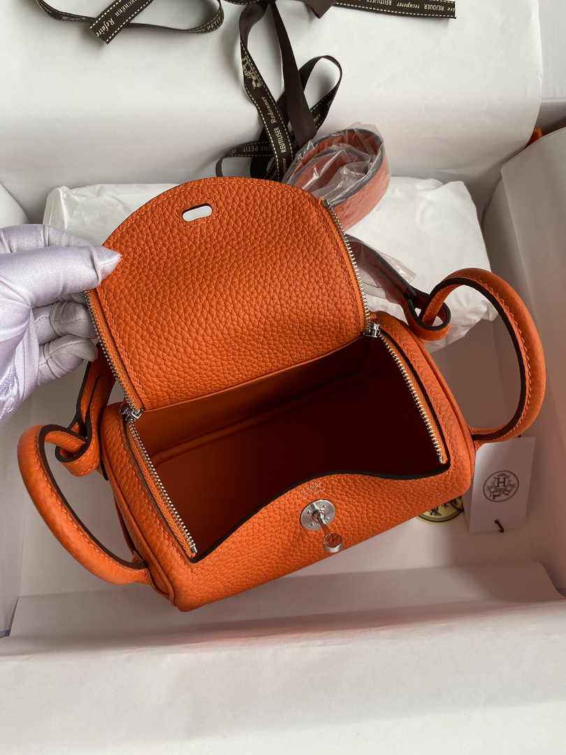 Hermes Lindy Mini Bag Orange Togo Leather Silver Hardware H8633