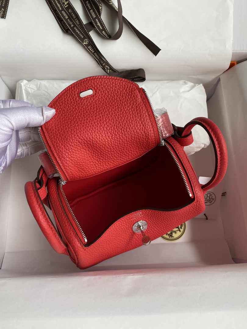 Hermes Lindy Mini Bag Red Togo Leather Silver Hardware H8635