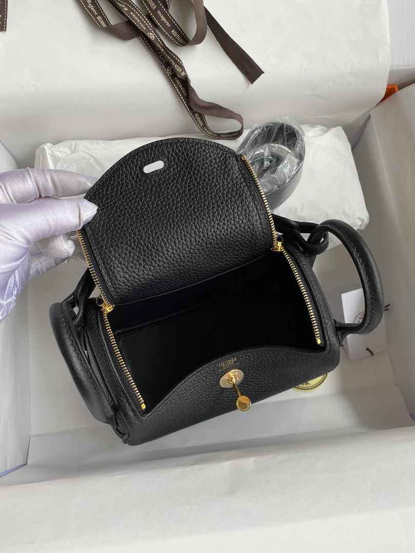 Hermes Lindy Mini Bag Black Togo Leather Gold Hardware H8636