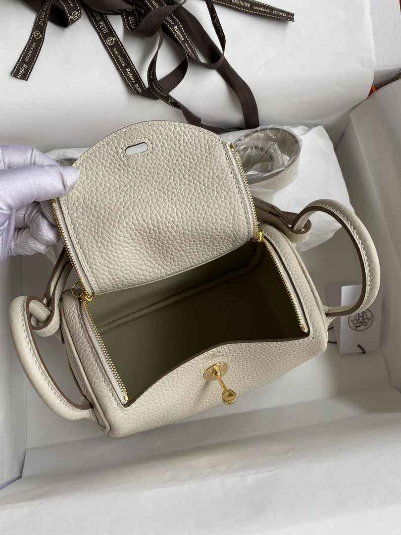 Hermes Lindy Mini Bag Beige Togo Leather Gold Hardware H8638