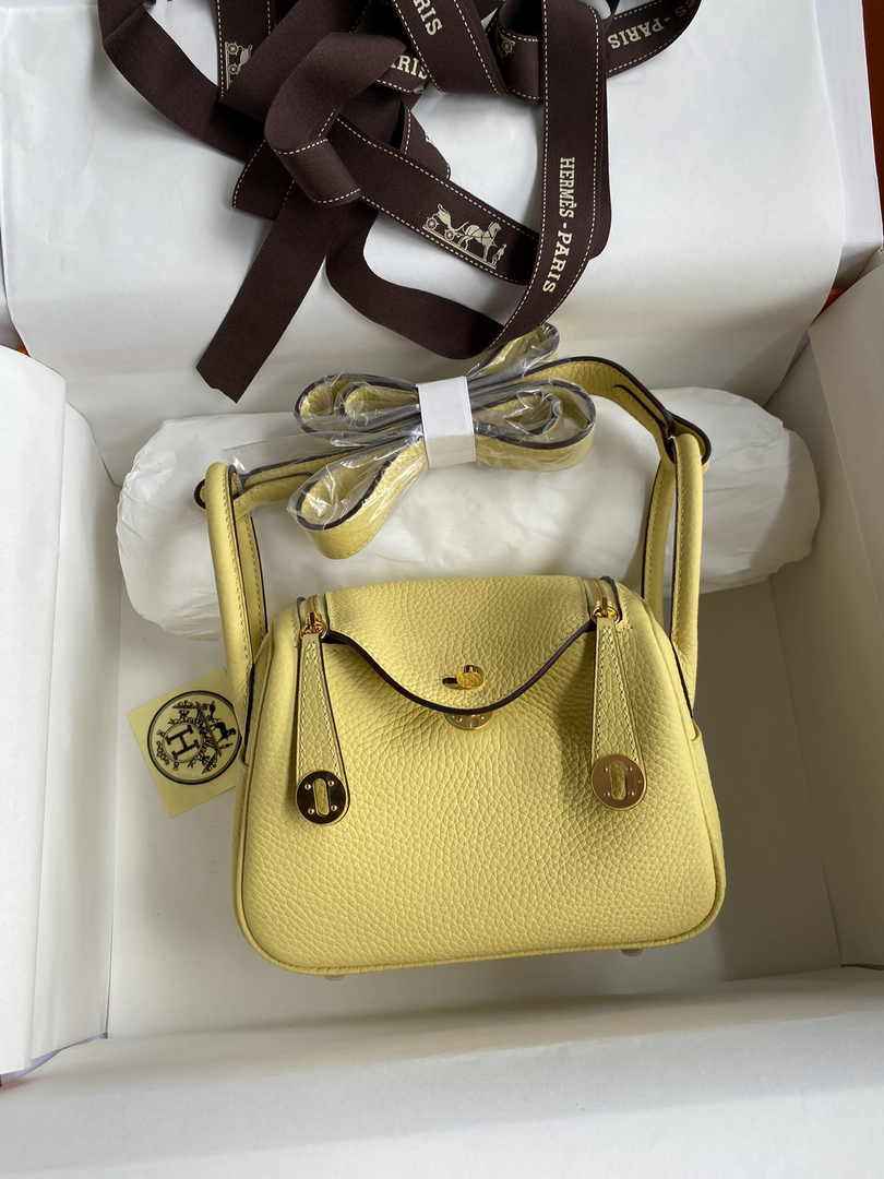 Hermes Lindy Mini Bag Lemon Yellow Togo Leather Gold Hardware H8647