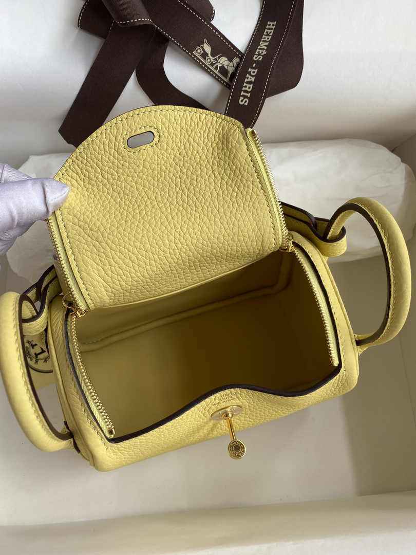 Hermes Lindy Mini Bag Lemon Yellow Togo Leather Gold Hardware H8647
