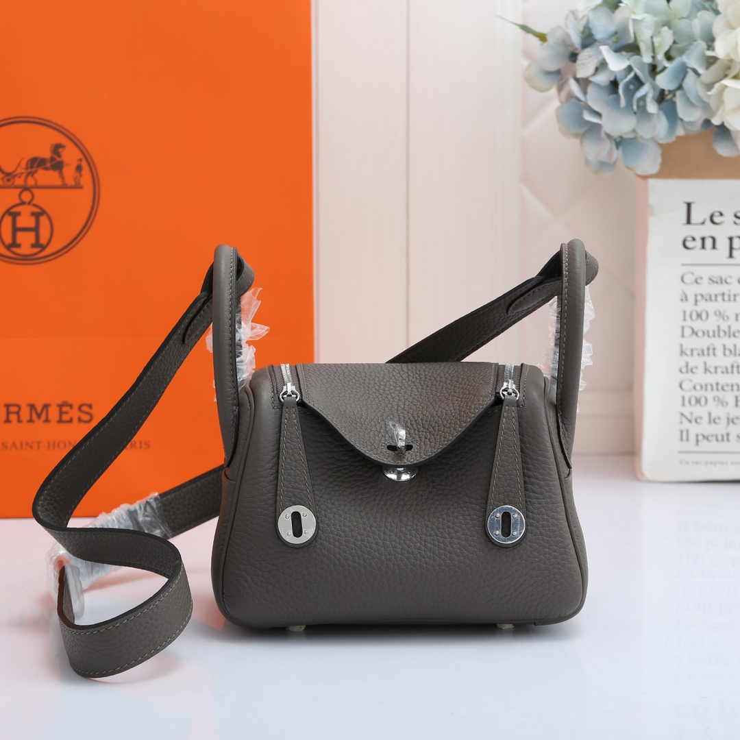 Hermes Lindy Mini Bag Dark Gray Togo Leather Silver Hardware H8600