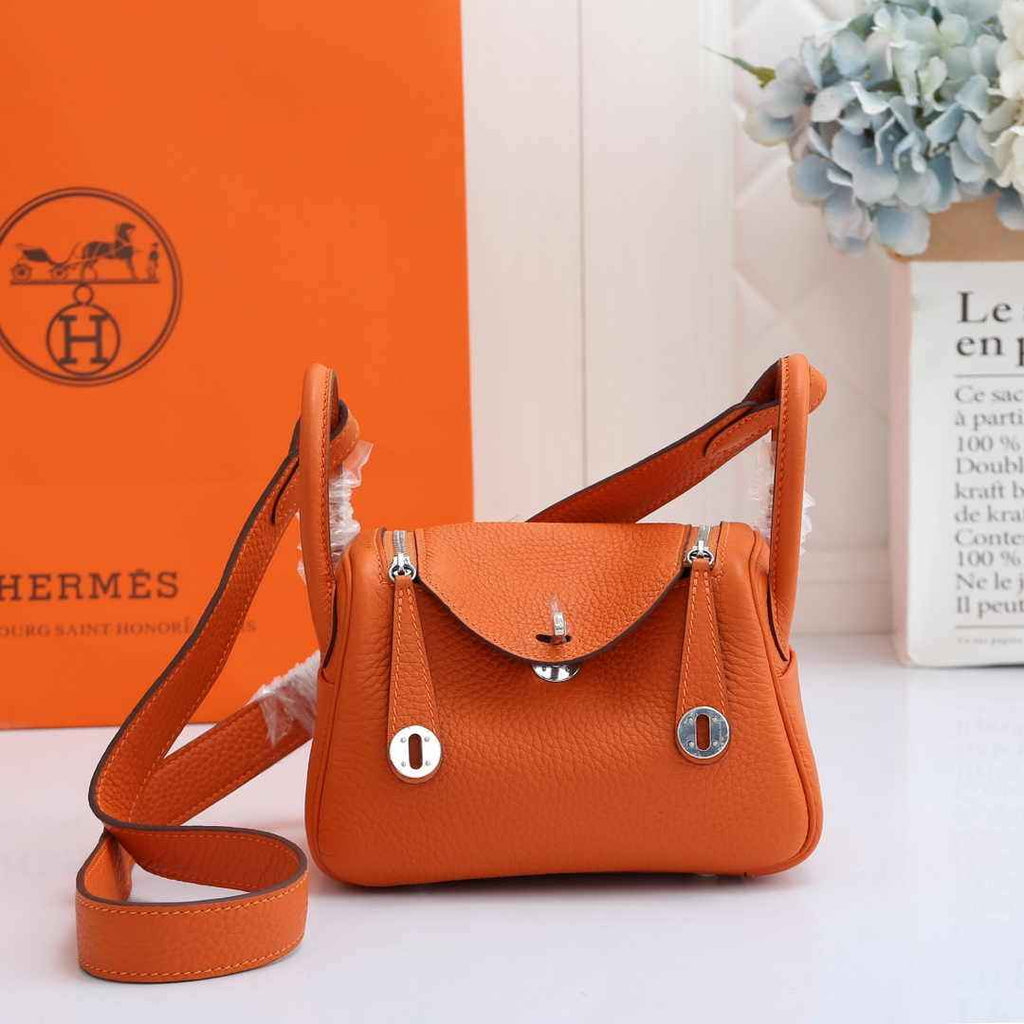 Hermes Lindy Mini Bag Orange Togo Leather Silver Hardware H8602