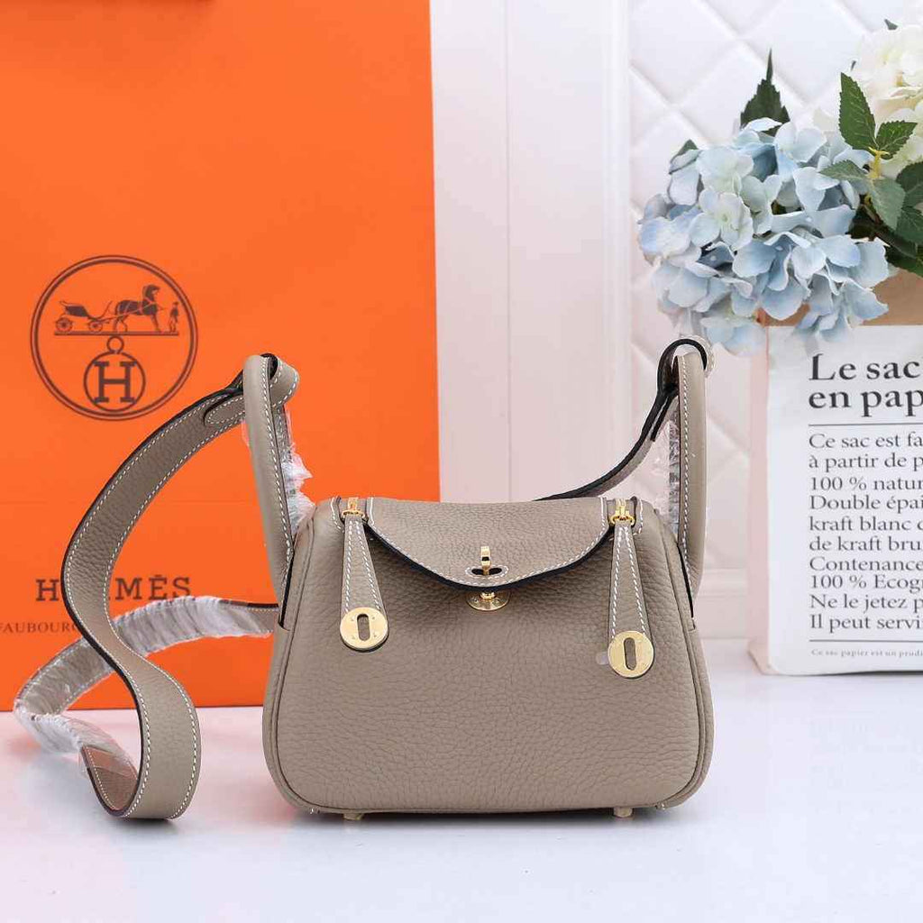 Hermes Lindy Mini Bag Light Gray Togo Leather Gold Hardware H8606