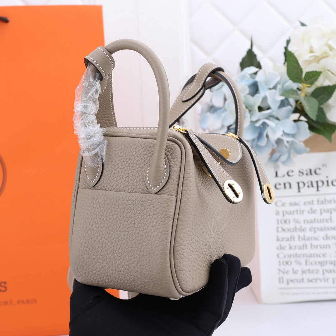 Hermes Lindy Mini Bag Light Gray Togo Leather Gold Hardware H8606