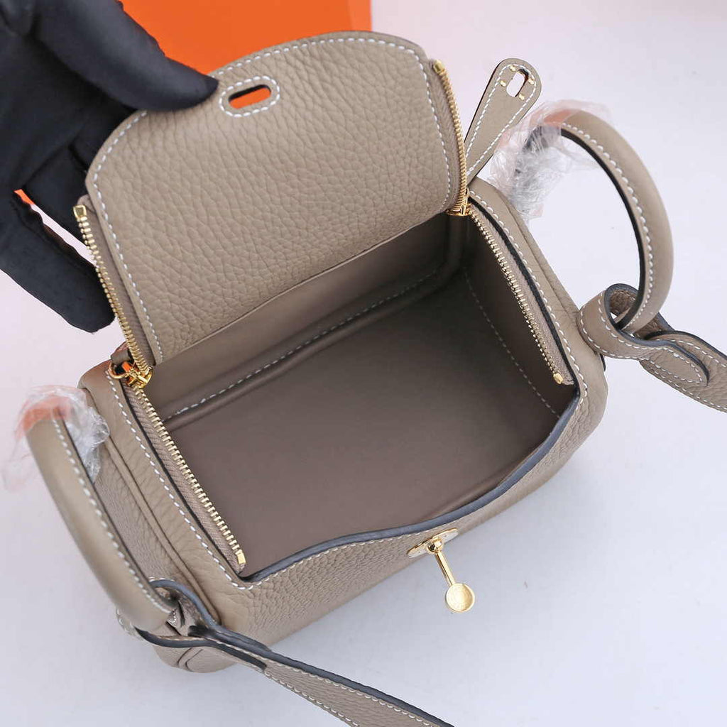 Hermes Lindy Mini Bag Light Gray Togo Leather Gold Hardware H8606