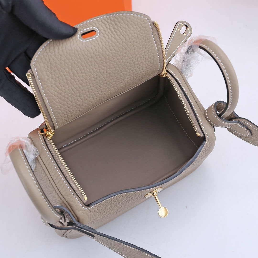 Hermes Lindy Mini Bag Light Gray Togo Leather Gold Hardware H8606