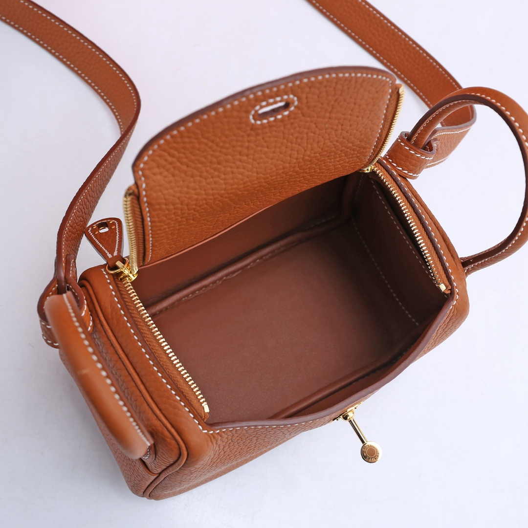 Hermes Lindy Mini Bag Camel Togo Leather Gold Hardware H8607