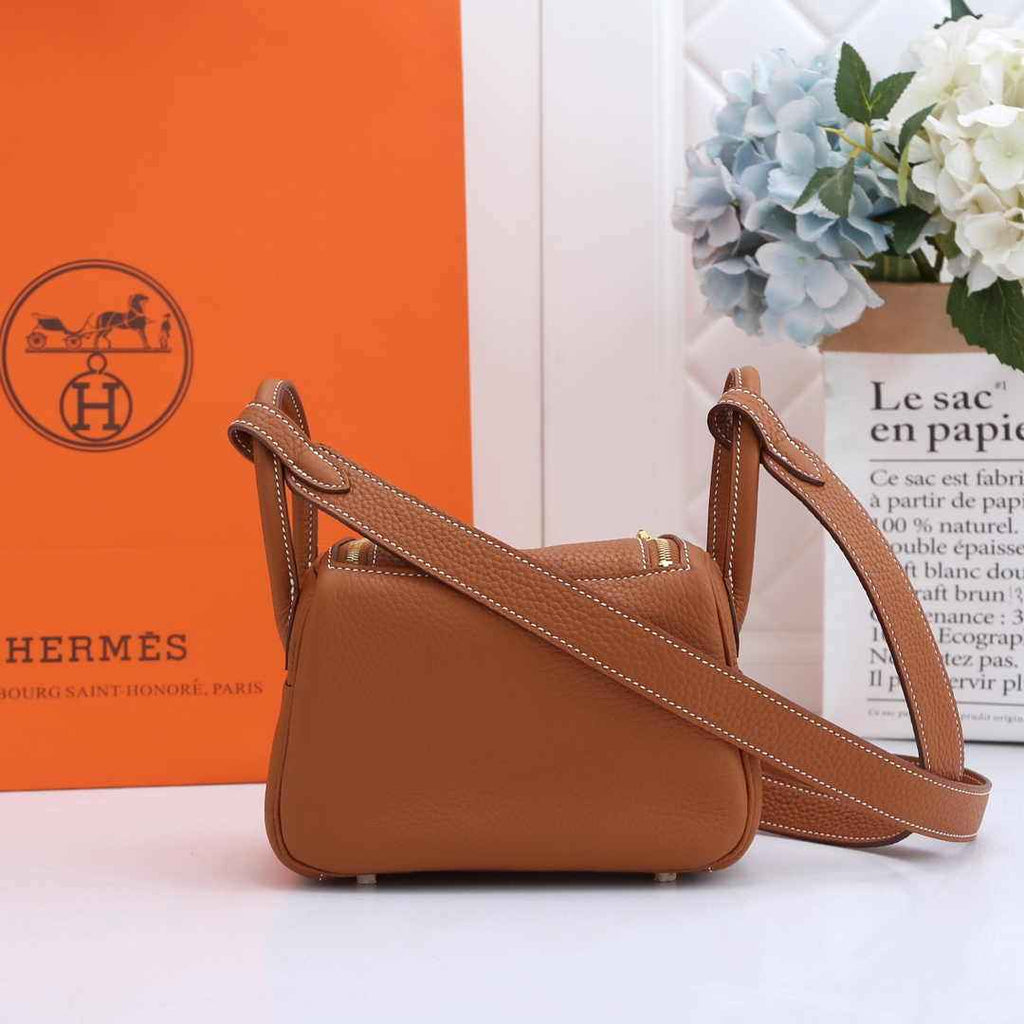Hermes Lindy Mini Bag Camel Togo Leather Gold Hardware H8607