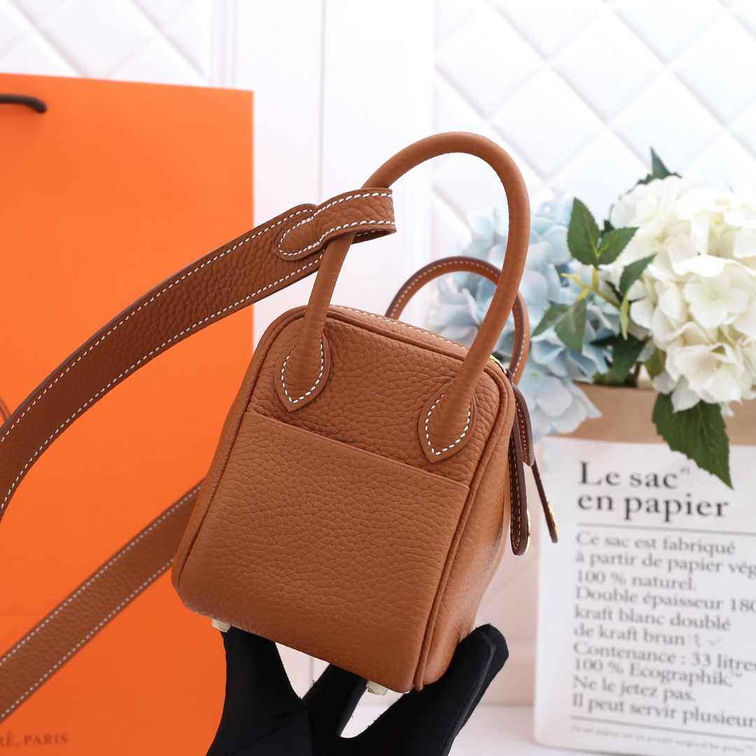 Hermes Lindy Mini Bag Camel Togo Leather Gold Hardware H8607