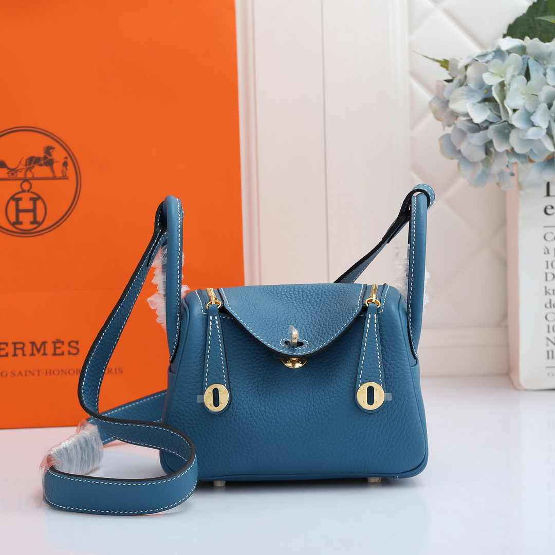 Hermes Lindy Mini Bag Blue Togo Leather Gold Hardware H8609