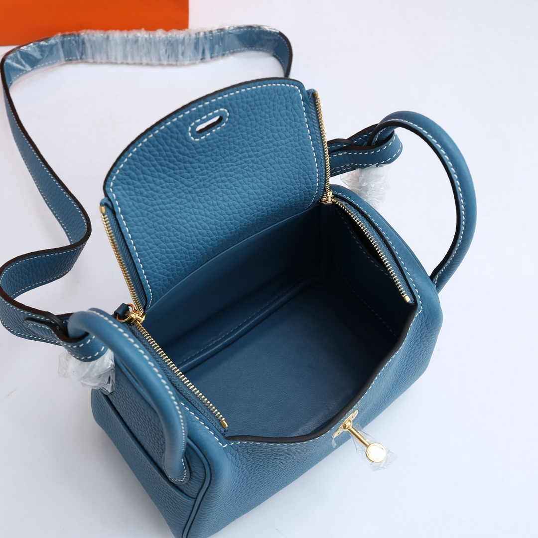Hermes Lindy Mini Bag Blue Togo Leather Gold Hardware H8609