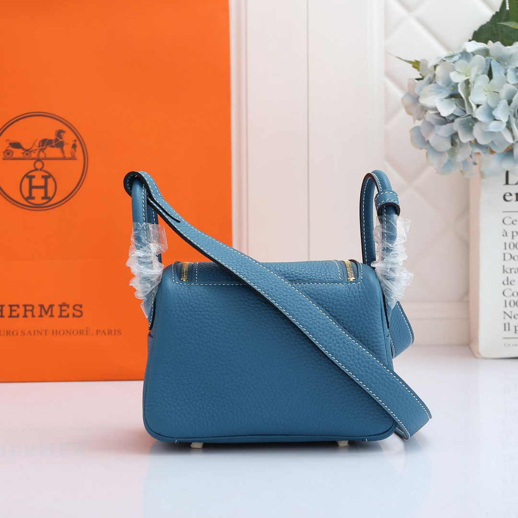 Hermes Lindy Mini Bag Blue Togo Leather Gold Hardware H8609