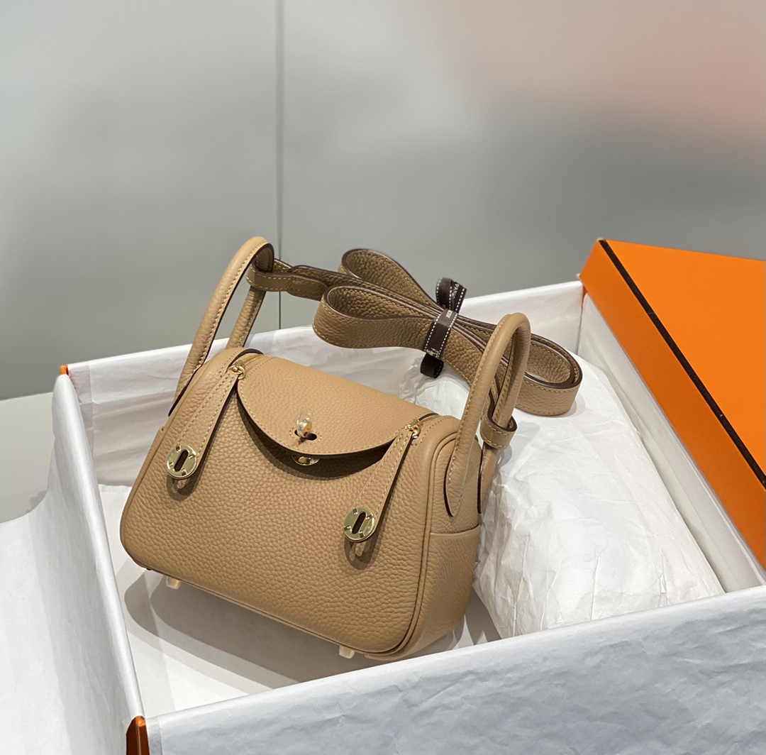 Hermes Lindy Mini Bag Light Brown Togo Leather Gold Hardware H8652