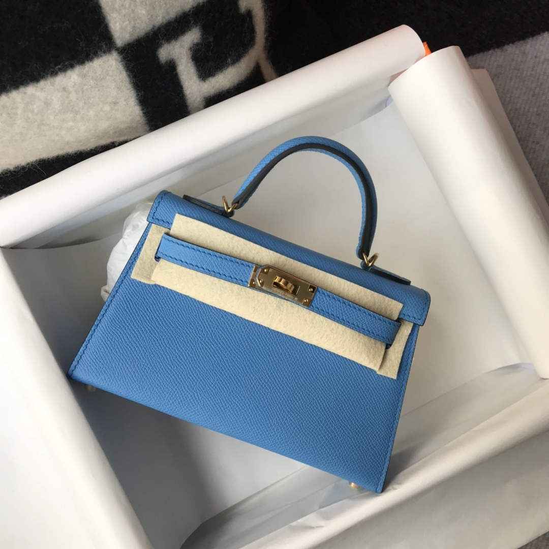 Hermes Mini Kelly II Bag 19 Gold Hardware with Epsom Light Blue