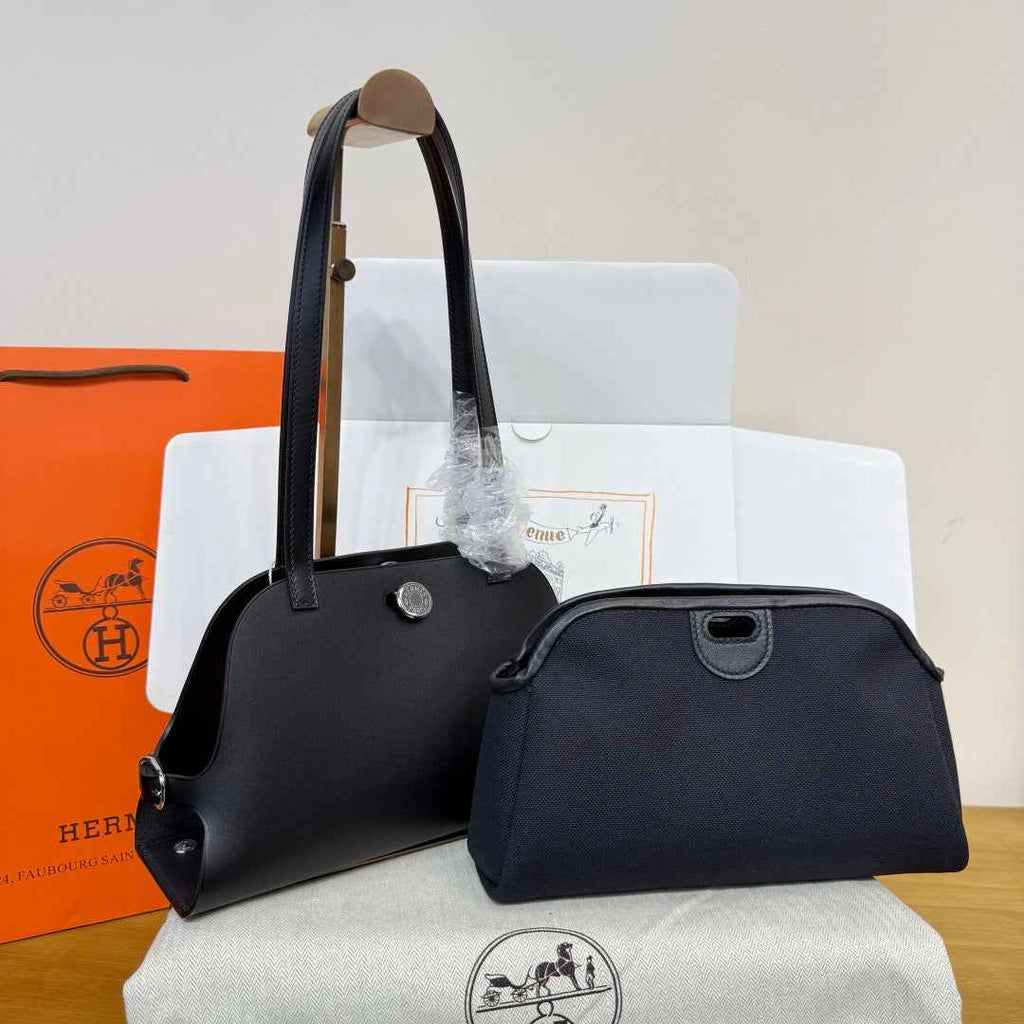 Hermes Tablier sellier Bag Black Swift calfskin and H canvas Silver hardware
