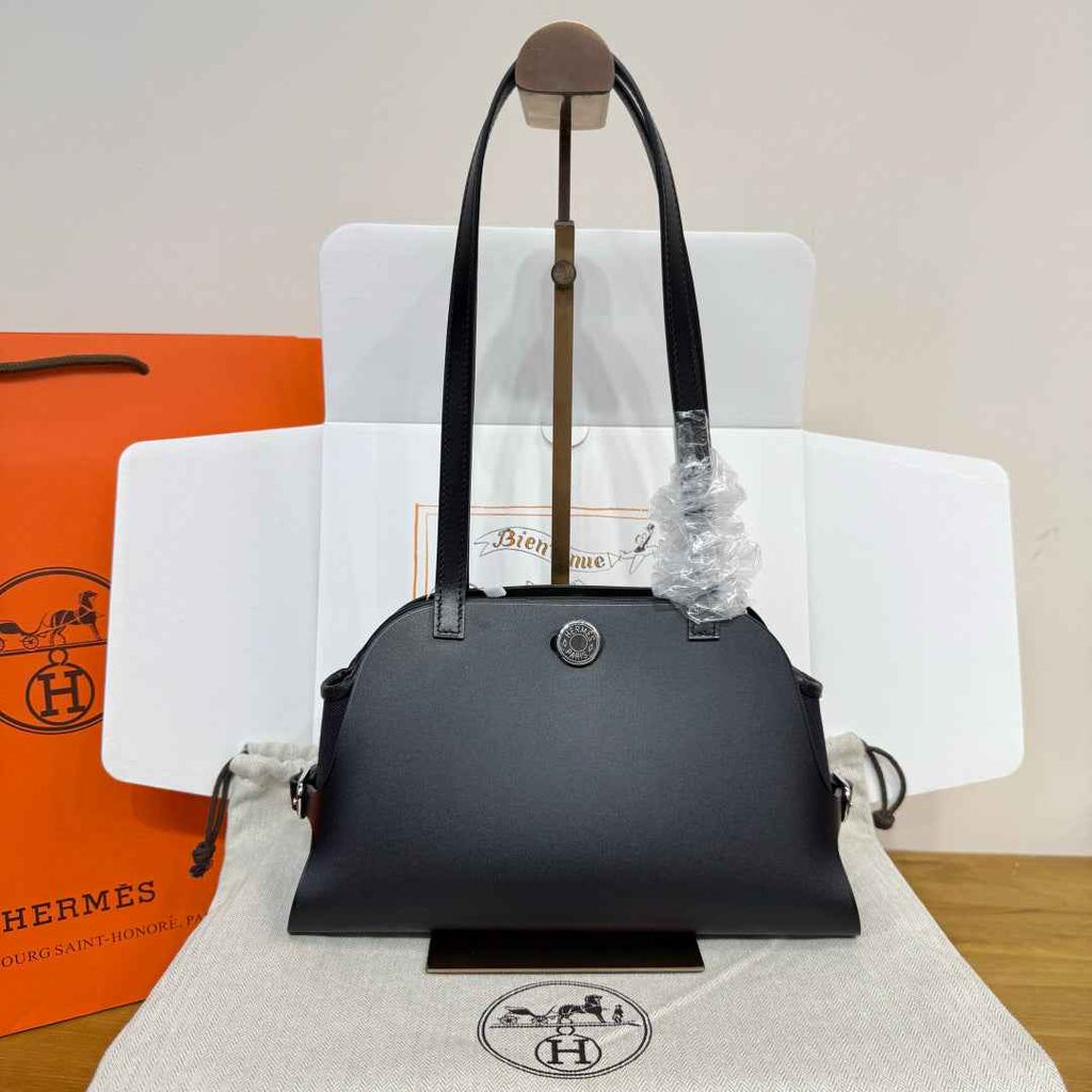 Hermes Tablier sellier Bag Black Swift calfskin and H canvas Silver hardware