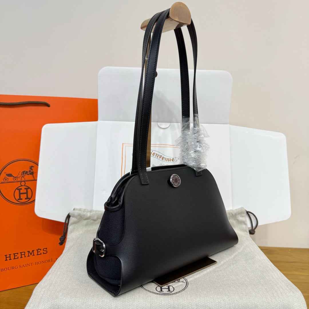 Hermes Tablier sellier Bag Black Swift calfskin and H canvas Silver hardware