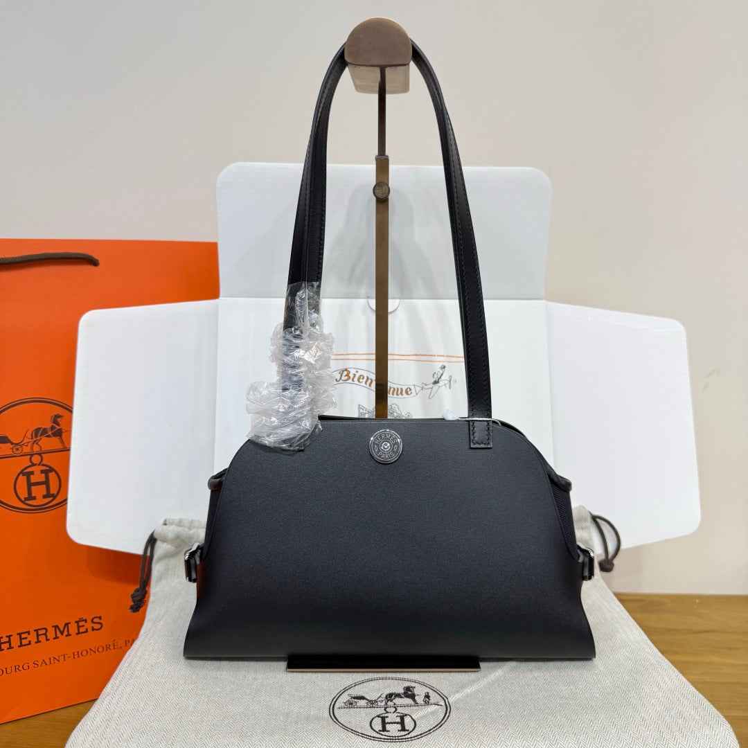 Hermes Tablier sellier Bag Black Swift calfskin and H canvas Silver hardware
