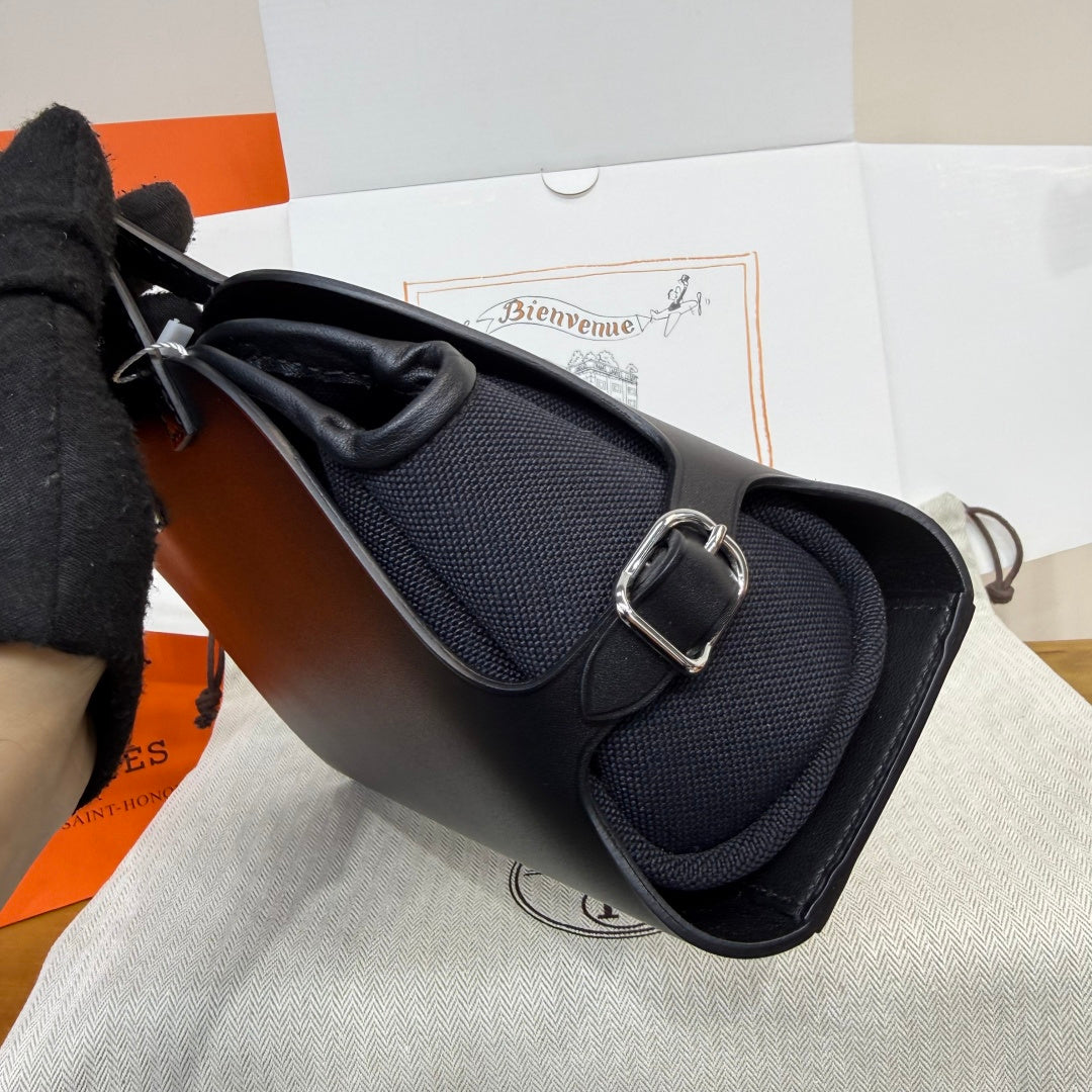Hermes Tablier sellier Bag Black Swift calfskin and H canvas Silver hardware