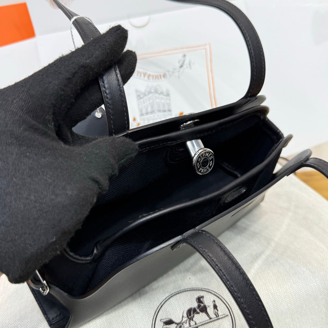 Hermes Tablier sellier Bag Black Swift calfskin and H canvas Silver hardware