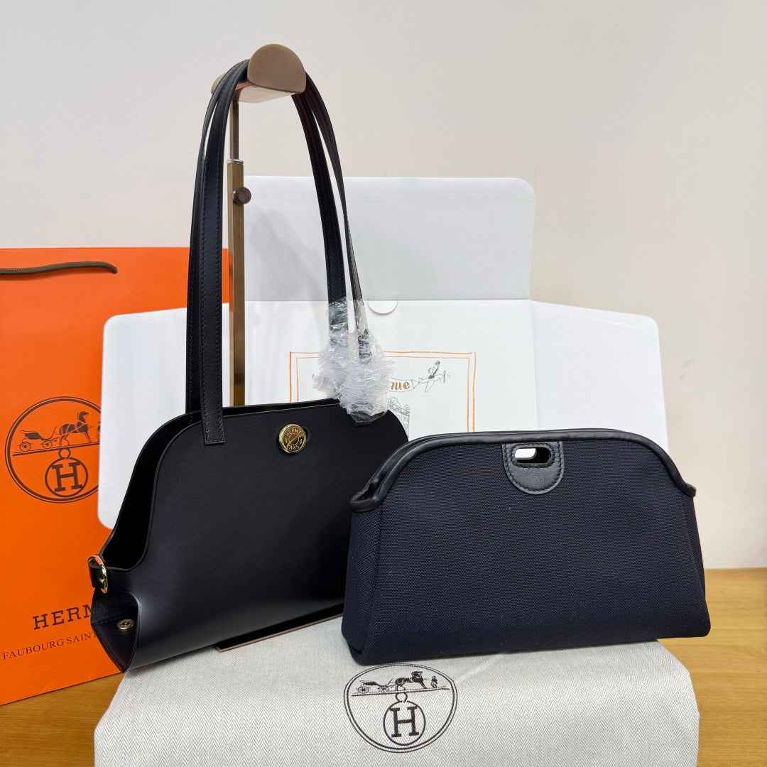 Hermes Tablier sellier Bag Black Swift calfskin and H canvas Gold hardware
