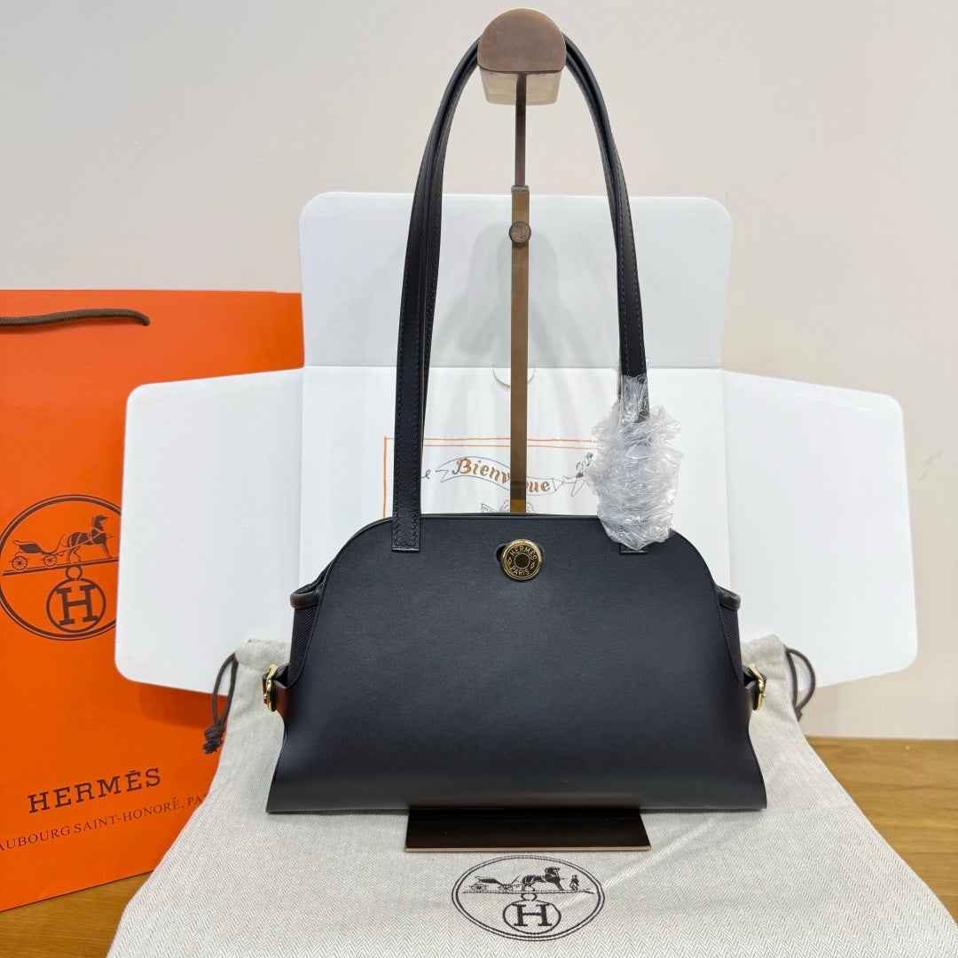 Hermes Tablier sellier Bag Black Swift calfskin and H canvas Gold hardware