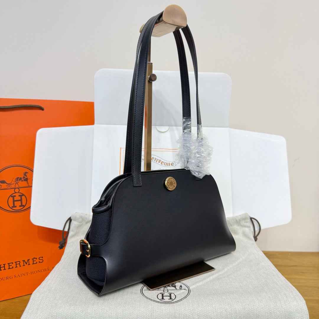 Hermes Tablier sellier Bag Black Swift calfskin and H canvas Gold hardware