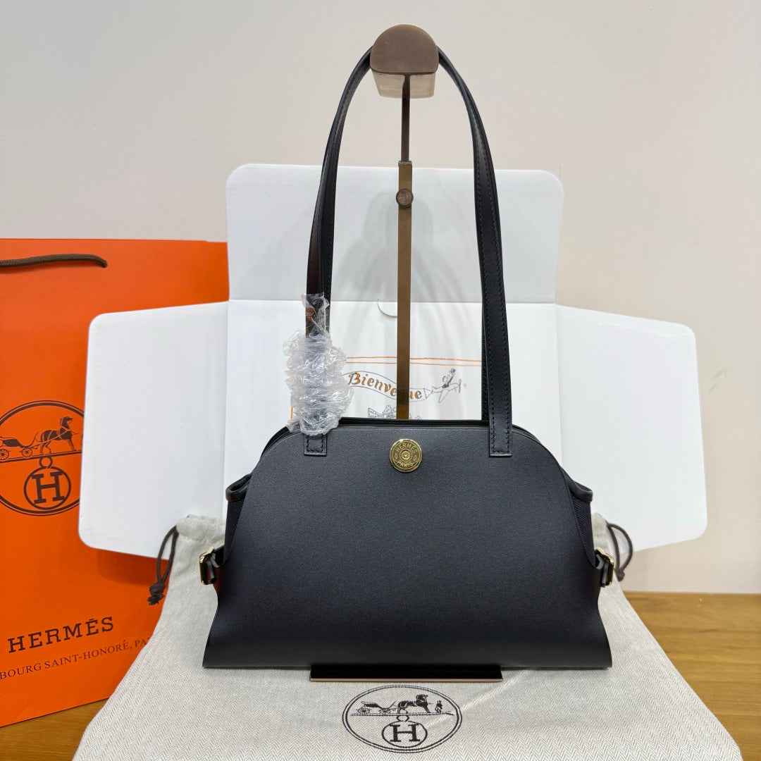 Hermes Tablier sellier Bag Black Swift calfskin and H canvas Gold hardware