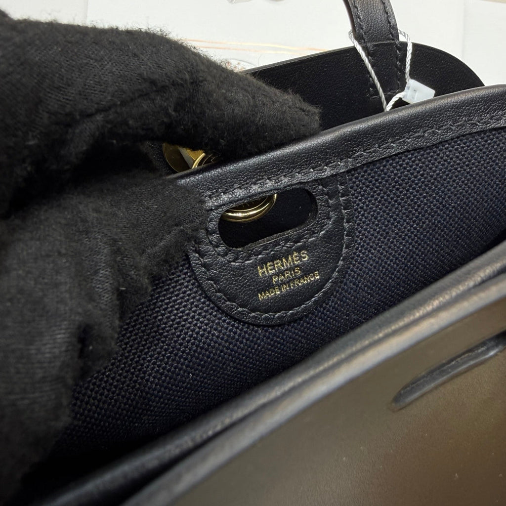 Hermes Tablier sellier Bag Black Swift calfskin and H canvas Gold hardware