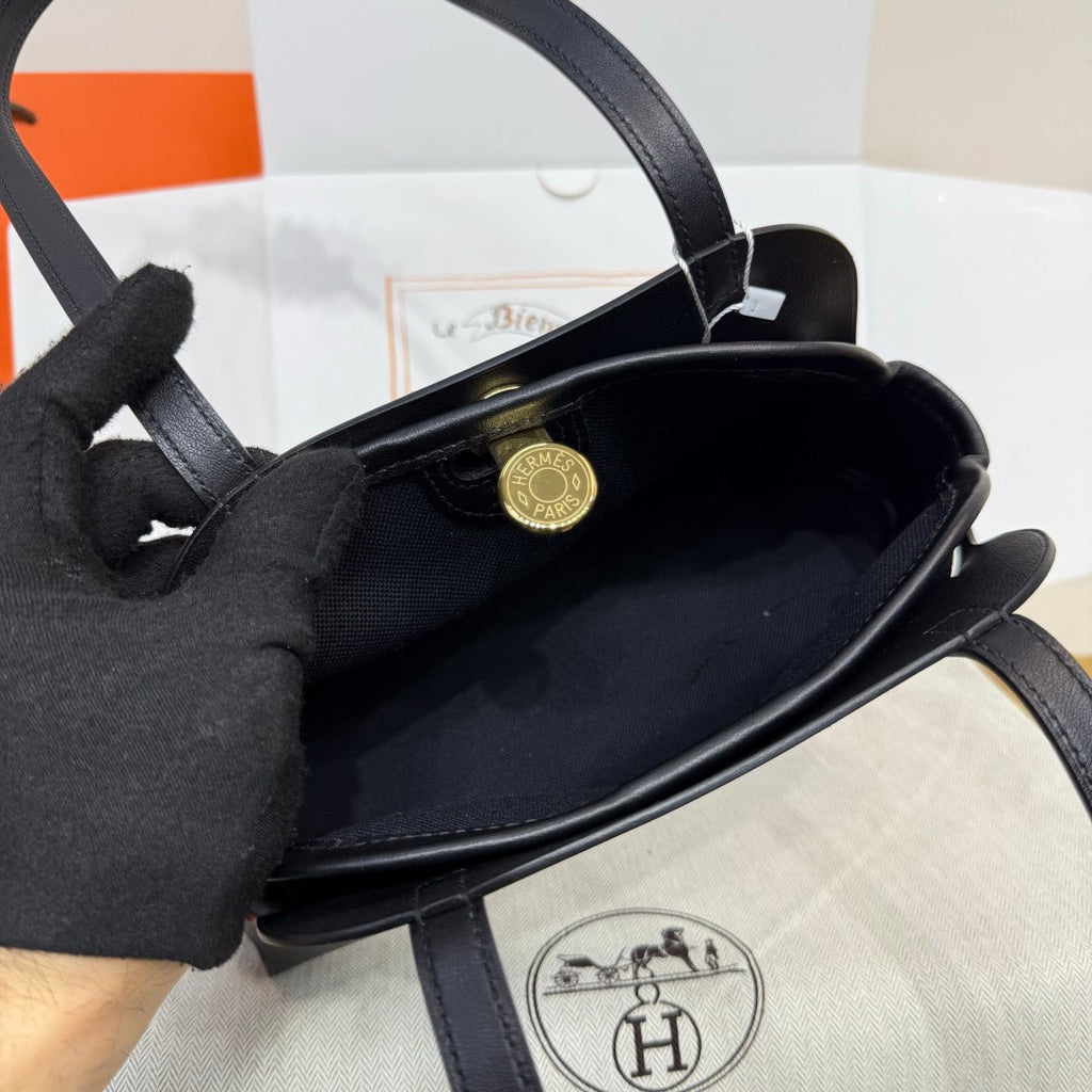 Hermes Tablier sellier Bag Black Swift calfskin and H canvas Gold hardware