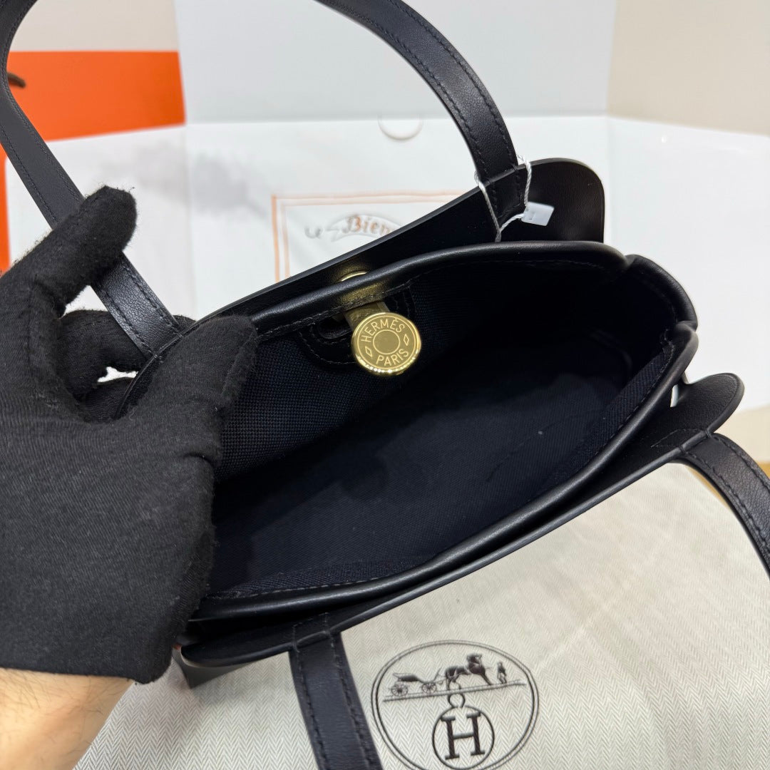 Hermes Tablier sellier Bag Black Swift calfskin and H canvas Gold hardware