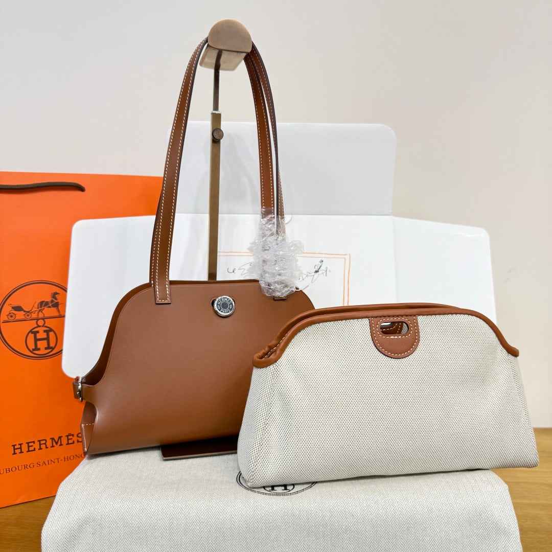 Hermes Tablier sellier Bag Brown Swift calfskin and H canvas Silver hardware