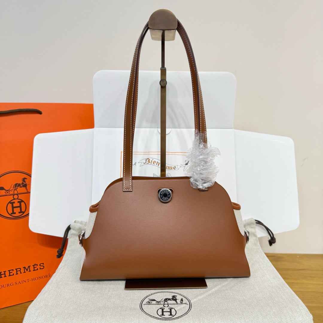 Hermes Tablier sellier Bag Brown Swift calfskin and H canvas Silver hardware