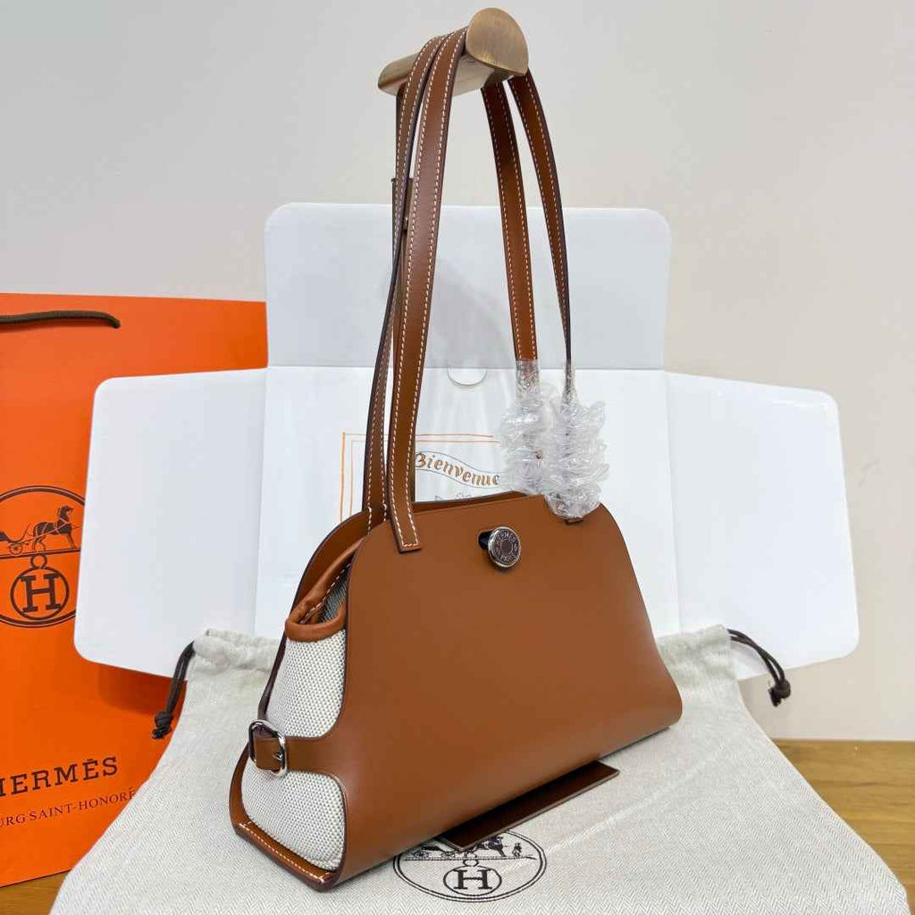Hermes Tablier sellier Bag Brown Swift calfskin and H canvas Silver hardware