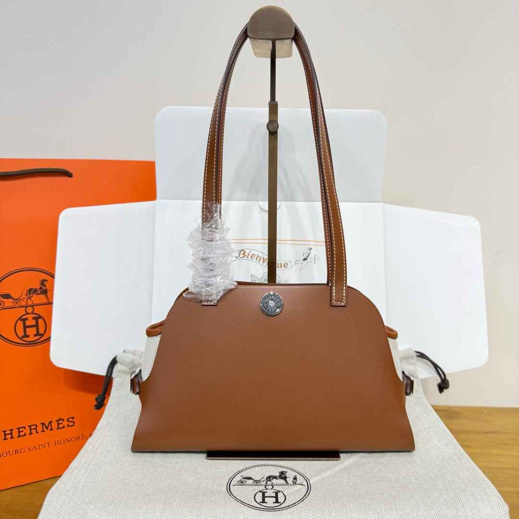 Hermes Tablier sellier Bag Brown Swift calfskin and H canvas Silver hardware