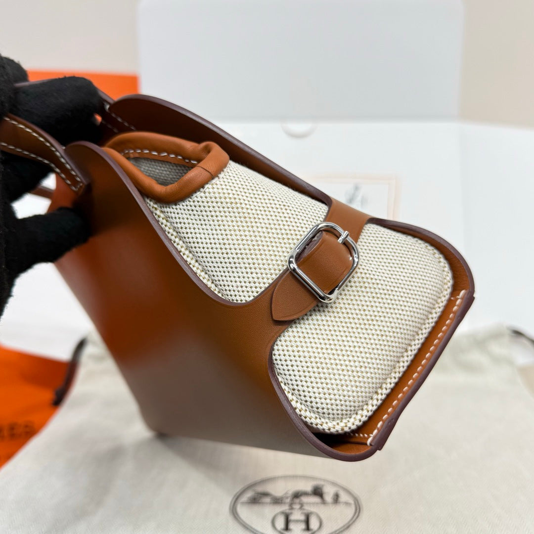Hermes Tablier sellier Bag Brown Swift calfskin and H canvas Silver hardware