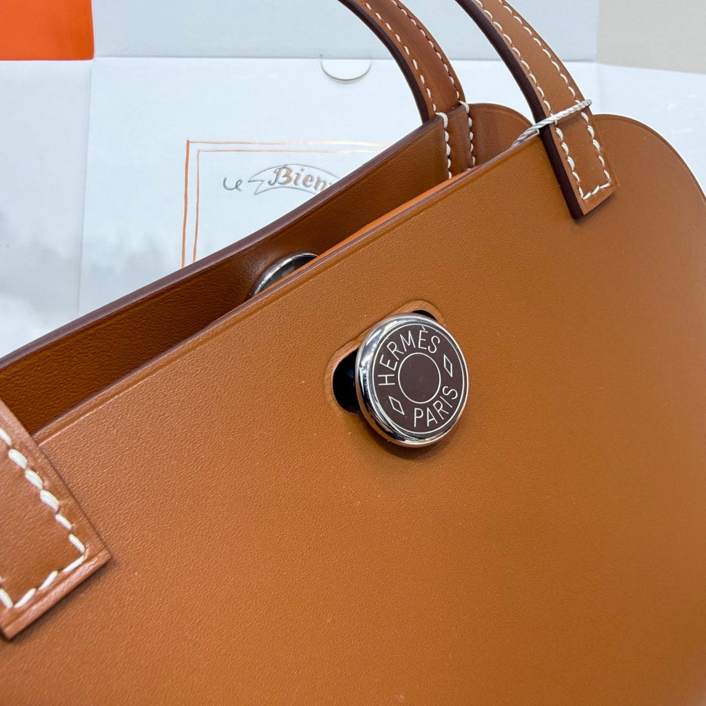 Hermes Tablier sellier Bag Brown Swift calfskin and H canvas Silver hardware