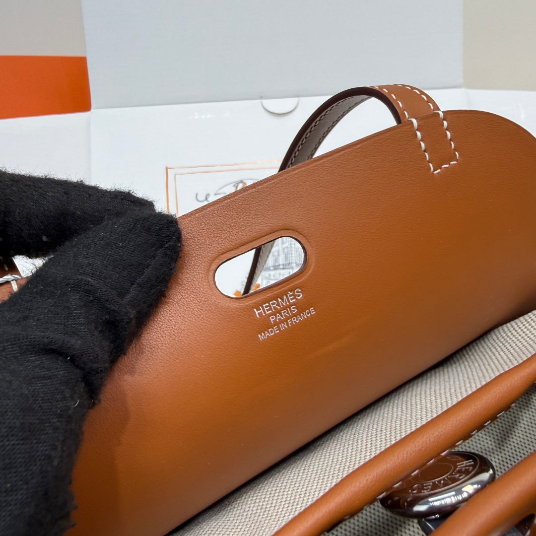 Hermes Tablier sellier Bag Brown Swift calfskin and H canvas Silver hardware