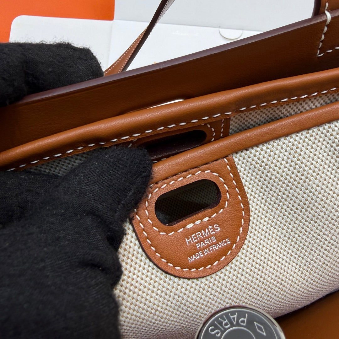 Hermes Tablier sellier Bag Brown Swift calfskin and H canvas Silver hardware