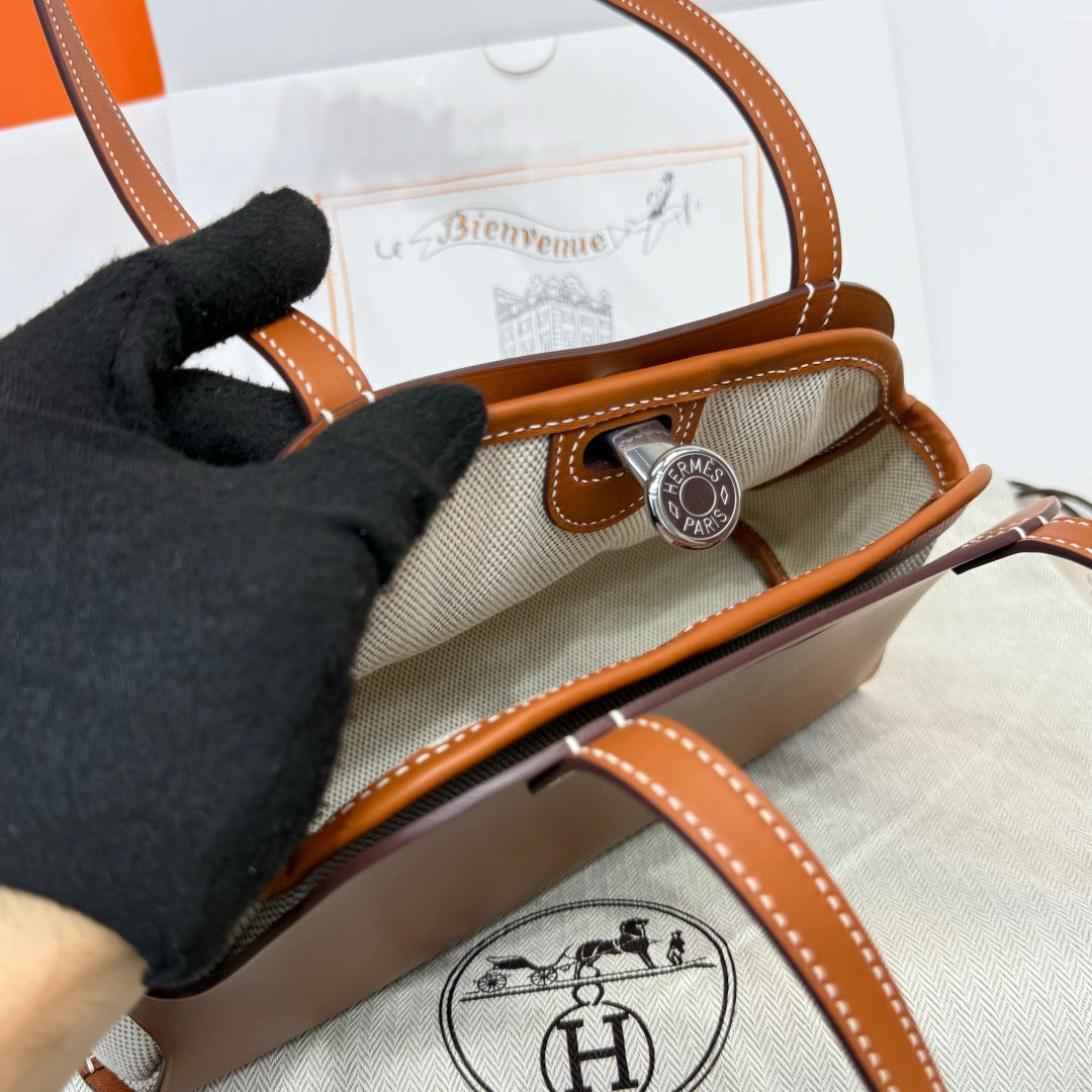 Hermes Tablier sellier Bag Brown Swift calfskin and H canvas Silver hardware