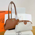 Hermes Tablier sellier Bag Brown Swift calfskin and H canvas Gold hardware