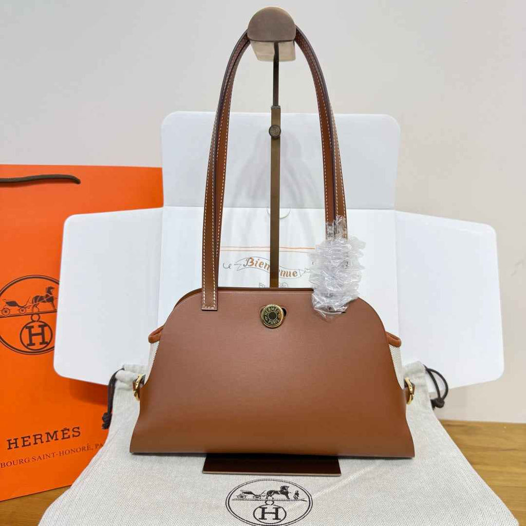 Hermes Tablier sellier Bag Brown Swift calfskin and H canvas Gold hardware